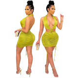 Drawstring on both sides of the tube top bag hip folds halter sexy dress
