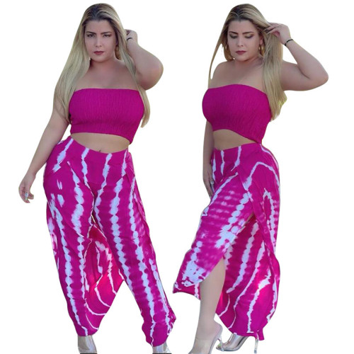 Sleeveless pleated chest-wrapped print plus size fashion long skirt suit casual two-piece suit
