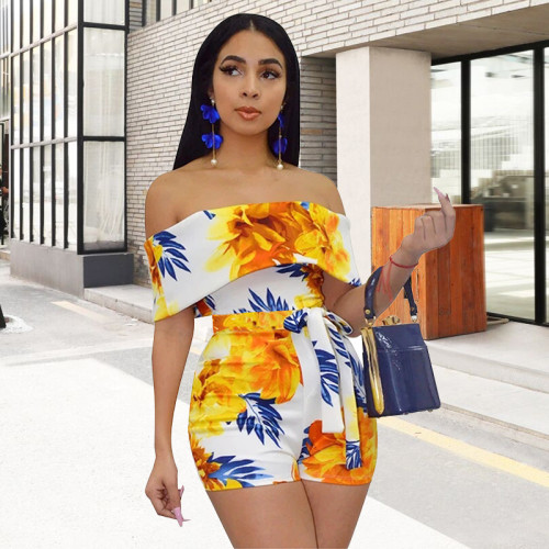 Casual pants shorts fashion printed one-shoulder jumpsuit