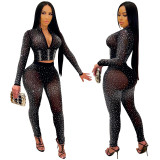 Fashion new nightclub hot drilling V-neck long-sleeved trousers two-piece suit