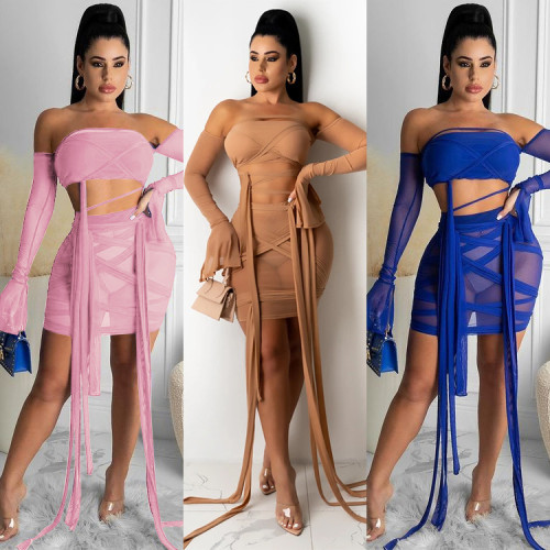 Wrapped chest straps trumpet sleeves mesh fashionable sexy two-piece suit