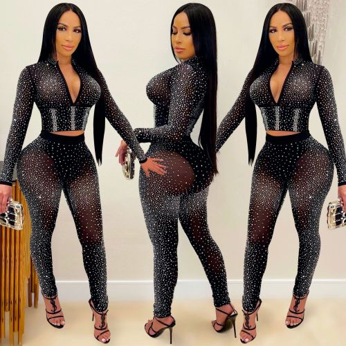 Fashion new nightclub hot drilling V-neck long-sleeved trousers two-piece suit