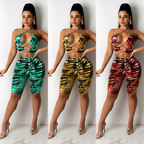 Printed tiger pattern wrapped chest shoulder drawstring sexy fashion two-piece suit