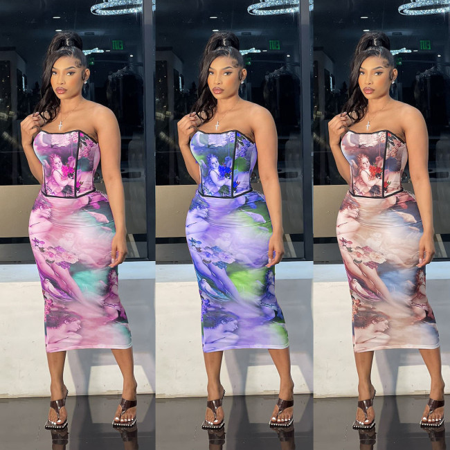 Sexy Wrapped Chest Strapless Neck Shaped Printed Women's Dress Two Piece Suit