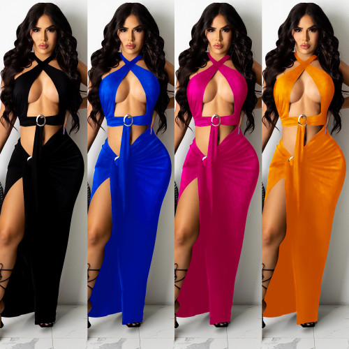 Sleeveless cross sling strap split long dress solid color two-piece suit