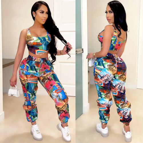 Fashion casual digital printing sleeveless camisole trousers two-piece suit