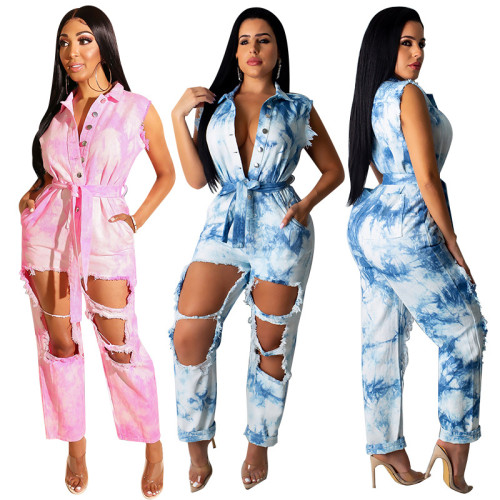 Sexy ripped sleeveless woven jumpsuit Plus size