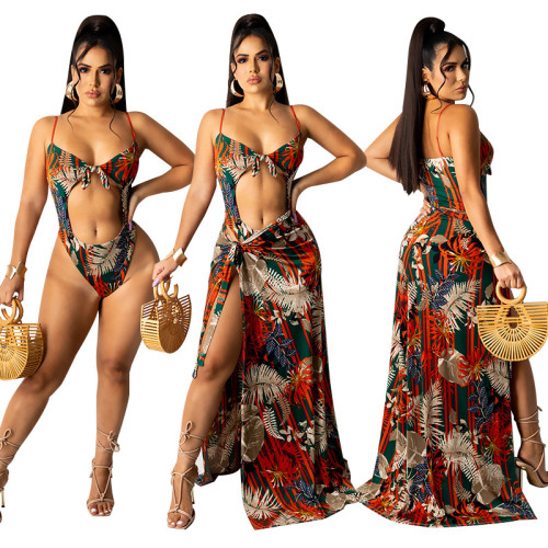 Printed with chiffon shawl and swimsuit two-piece suit