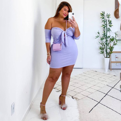 Sexy wrapped chest one word neck tie plus size dress