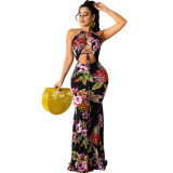 Fashion sexy halter neck halter print long skirt dress with tie rope