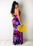 Fashion sexy halter neck halter print long skirt dress with tie rope