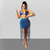 Hand-knitted rope sexy denim two-piece suit