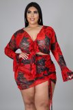 Printed suit drawstring long-sleeved plus size net printing sexy nightclub two-piece suit