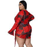 Printed suit drawstring long-sleeved plus size net printing sexy nightclub two-piece suit
