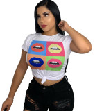 Multicolor lip print short-sleeved T-shirt