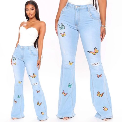 Fashion all-match slim-fit butterfly embroidery wide-leg stretch flared jeans