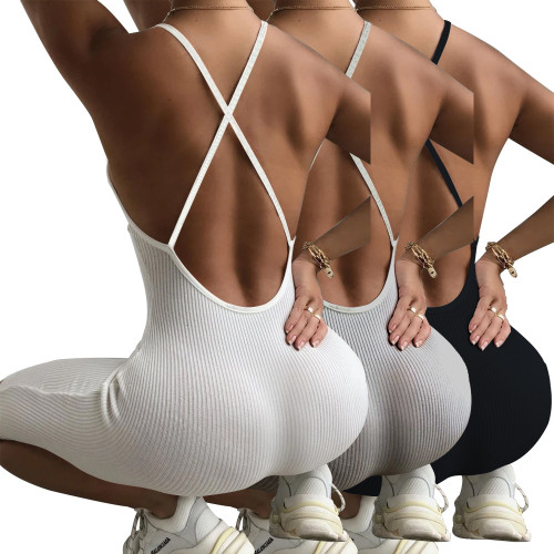 Fashion leisure sports high elastic pit strip suspender jumpsuit
