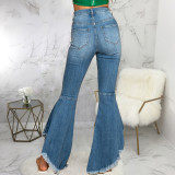 Fashion stitching ripped hole washed denim stretch slim-fit flared jeans