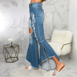 Fashion stitching ripped hole washed denim stretch slim-fit flared jeans
