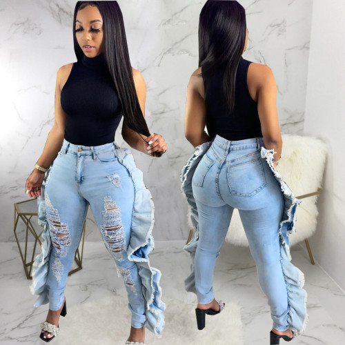 Sexy personality ripped holes washed slim stretch leggings jeans