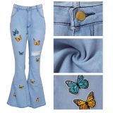 Fashion all-match slim-fit butterfly embroidery wide-leg stretch flared jeans