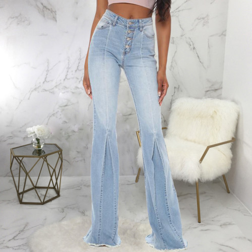 Fashion trend stitching washed denim stretch slim-fit flared jeans