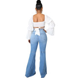 Fashion trend stitching washed denim stretch slim-fit flared jeans