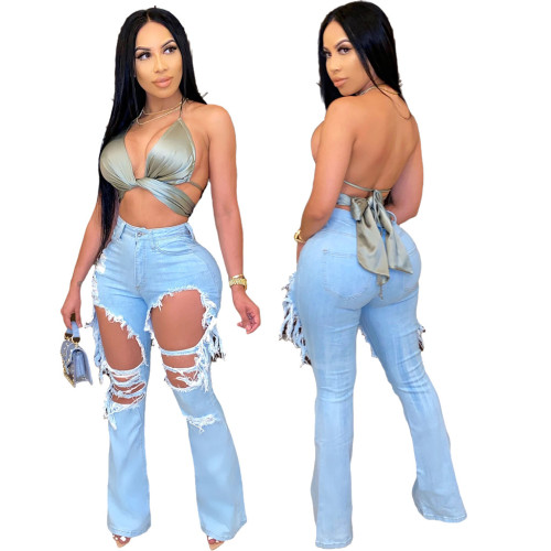 Fashion trend personality ripped hole washed high-rise stretch flared jeans