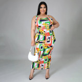 Sexy plus size  printed two-piece suit fashion irregular sling casual suit