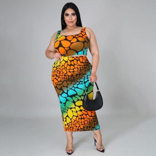Sexy plus size  printed two-piece suit fashion irregular sling casual suit