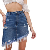 Fashion trend ripped bag hip irregular elastic skirt denim skirt