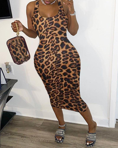 Cut out sexy suspender leopard print dress