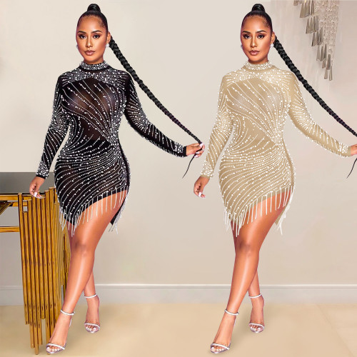 Sexy nightclub net yarn perspective hot drilling bubble beads fringed round neck long-sleeved dress