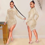 Sexy nightclub net yarn perspective hot drilling bubble beads fringed round neck long-sleeved dress