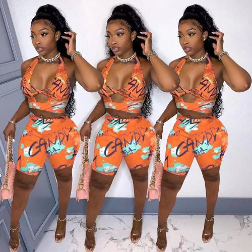 Sexy print halter neck cross hollow two-piece suit