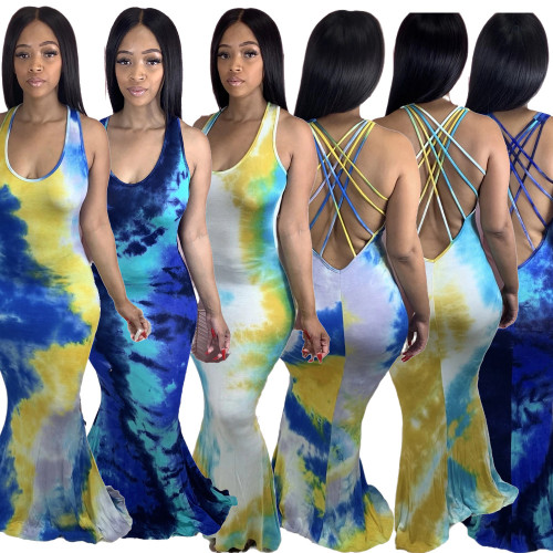 Tie-dye slim suspender mermaid dress nightclub clothes
