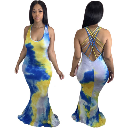 Tie-dye slim suspender mermaid dress nightclub clothes