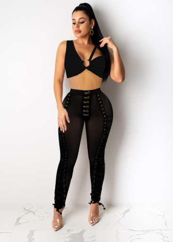 Sexy wrap-up top, mesh eyelets and tie trousers two-piece suit