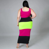Multicolor stitching large size U-neck sling ladies sleeveless long dress