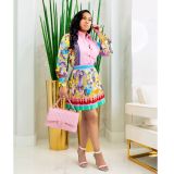 Printed long-sleeved shirt pleated skirt suit two-piece suit