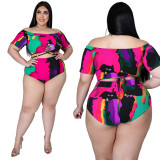 Large size sexy printed strappy one-shoulder swimsuit suit