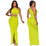 Nightclub solid color sexy hollow slit and knotted zipper dress