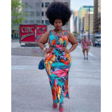 Plus size women's fashion print pleated slit dress