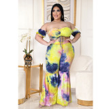 Plus size women's sexy printed pleated lace-up flared pants suit two-piece suit