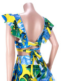 Plus size women's clothing, wooden ears, printed bandage, skirt suit, two-piece suit