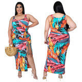 Plus size women's fashion print pleated slit dress