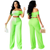 Chest wrapped open back wide leg pants with one shoulder zipper, fashionable and sexy 2-piece set