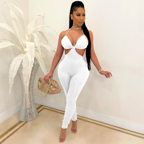 Solid color open back sexy one-piece pants slim pants Night Club Jumpsuit