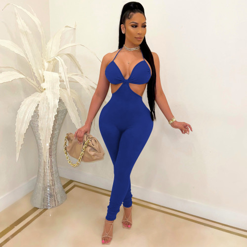 Solid color open back sexy one-piece pants slim pants Night Club Jumpsuit