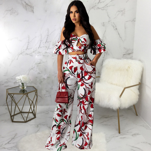 Fashion two-piece suit with digital printing wrapped chest and stitching
